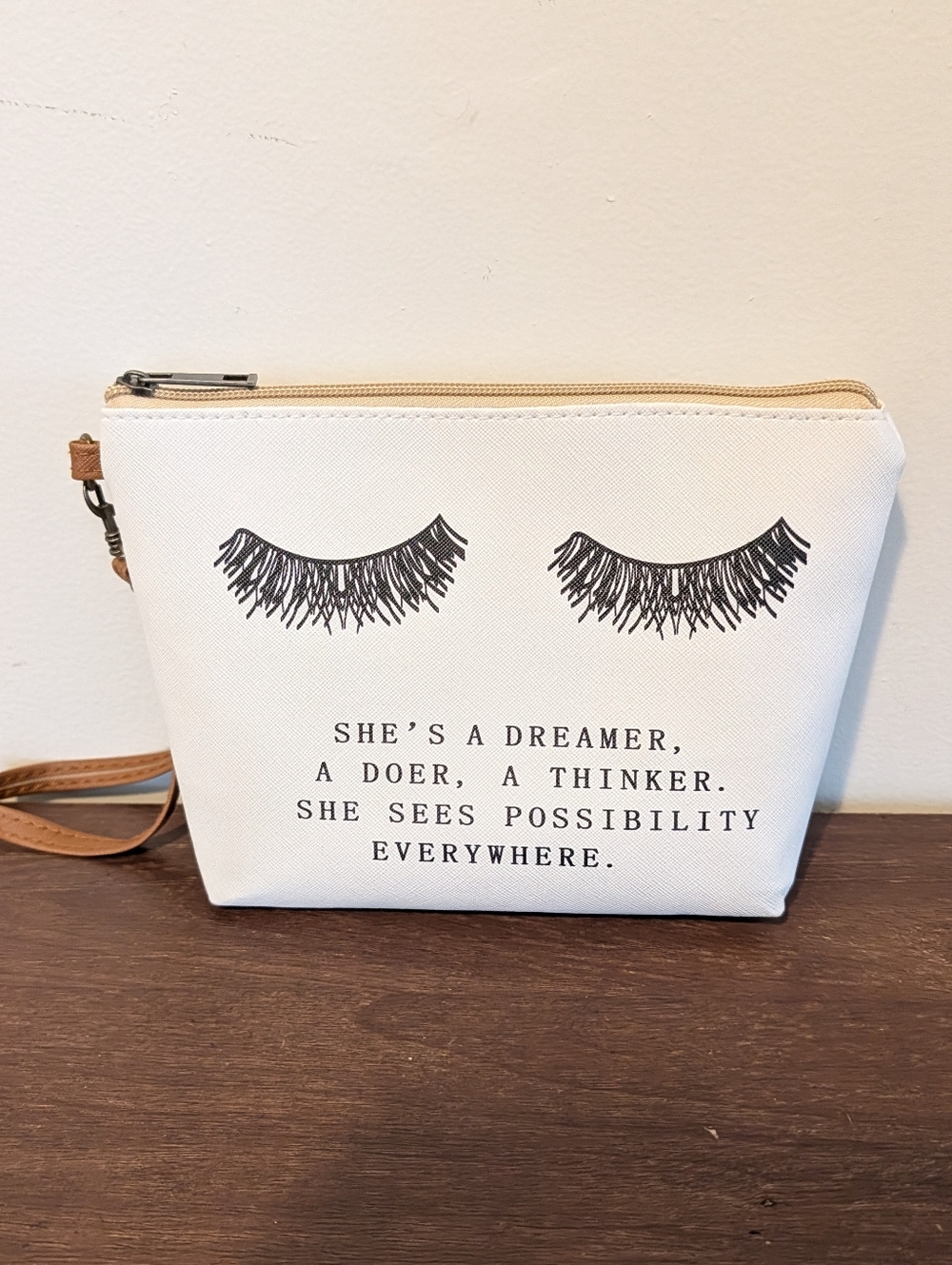 White Canvas Cosmetic Pouch with‎ Eyelash Print